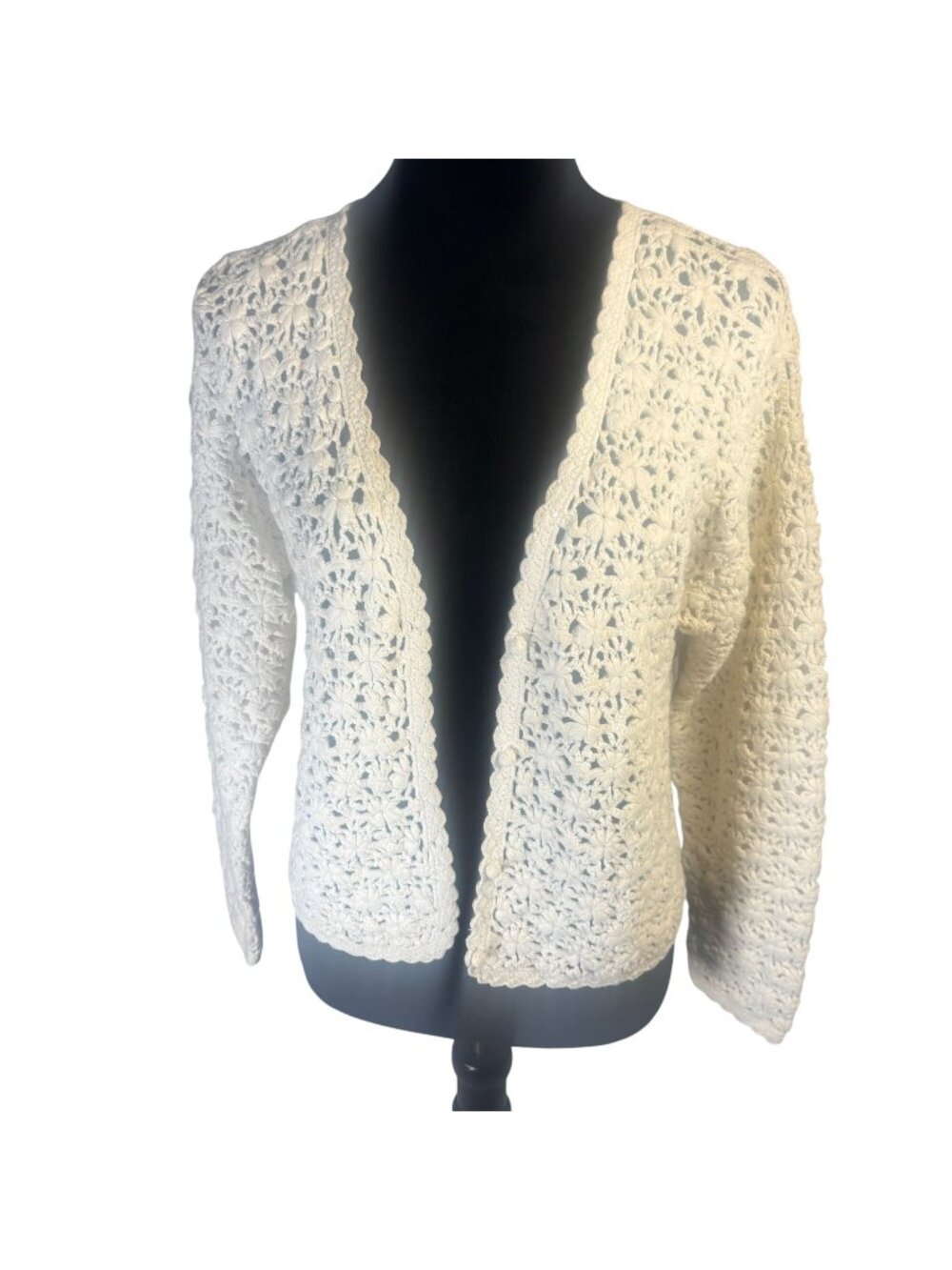 VTG Bramble Lane White Crochet Cardigan Sweater Medium Cottagecore Knit